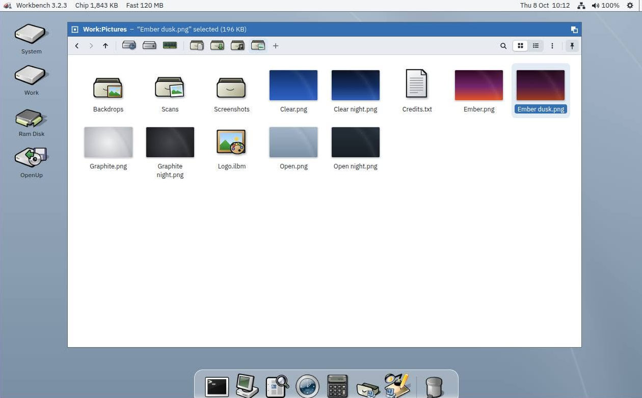 Workbench 3.2.3 in the Open light look: OpenFiles showing a Pictures drawer, the screen bar with memory, clock and settings, and OpenDock along the bottom