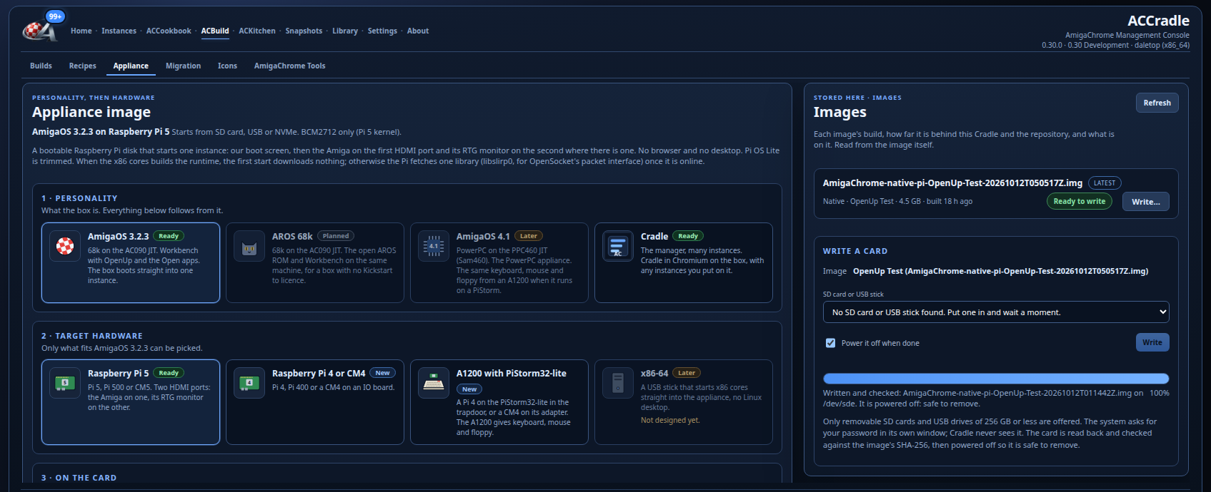Actual AmigaChrome Cradle appliance card image builder interface
