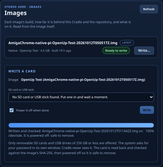 ACBuild's Images panel: the latest Raspberry Pi appliance image ready to write, and a card written and checked at 100 percent