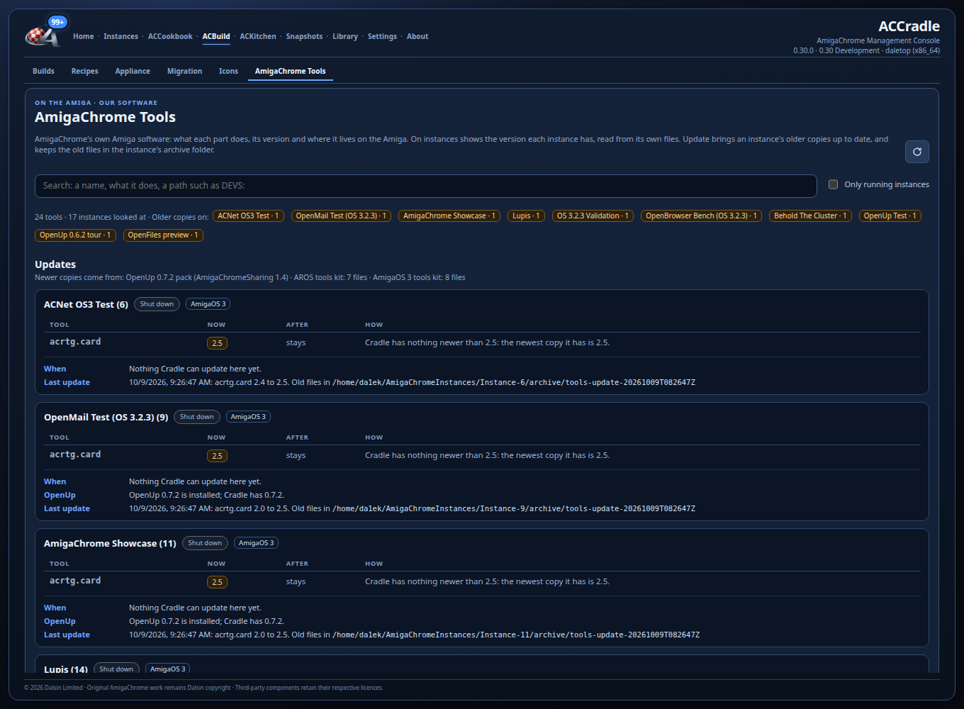 Actual ACCradle ACBuild tools page showing per-instance tool versions, deferred updates and Update all results