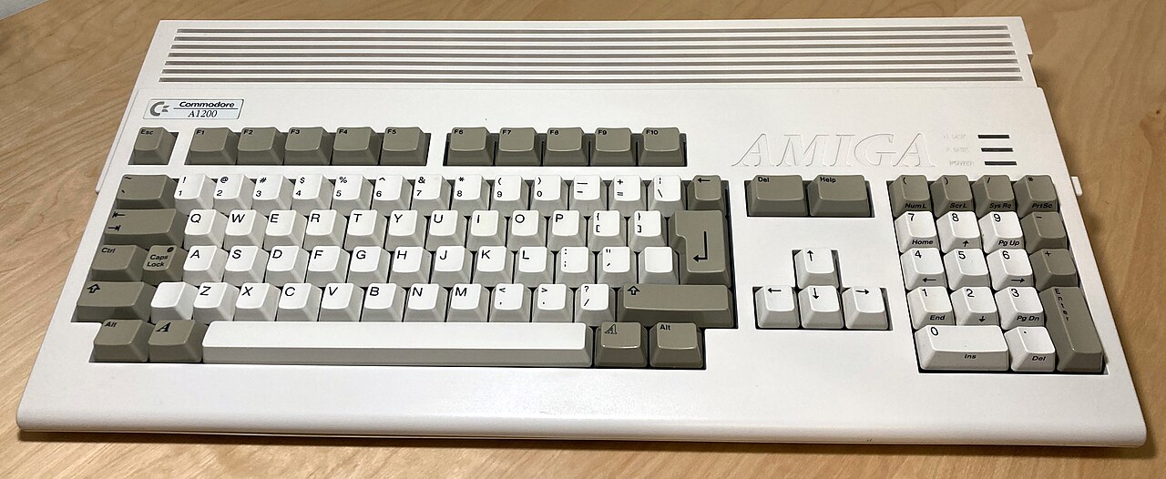 Real Commodore Amiga 1200 from above with a rear ventilation grille, full integrated keyboard and numeric keypad