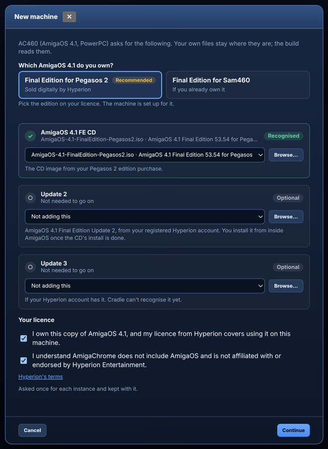 Cradle's New machine window for AmigaOS 4.1 with the Pegasos 2 edition picked, its CD recognised and the licence confirmed